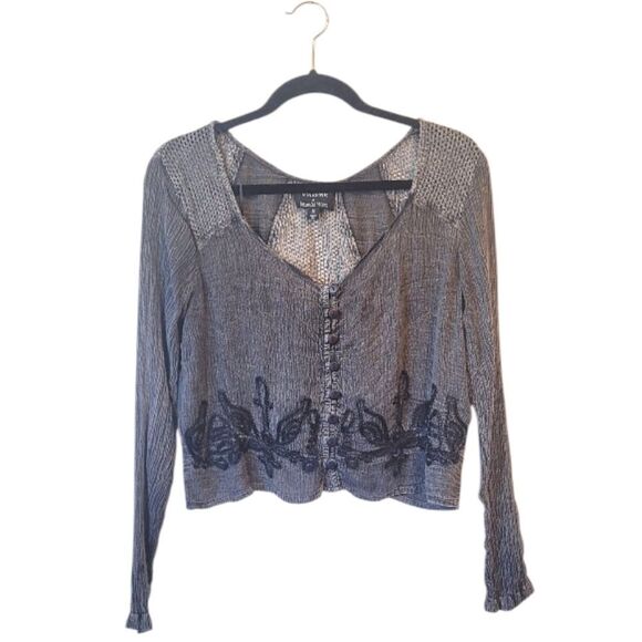 Urban Outfitters X MinkPink Women's Charcoal Grey Floral Embroidered Blouse SZ M - Picture 1 of 5